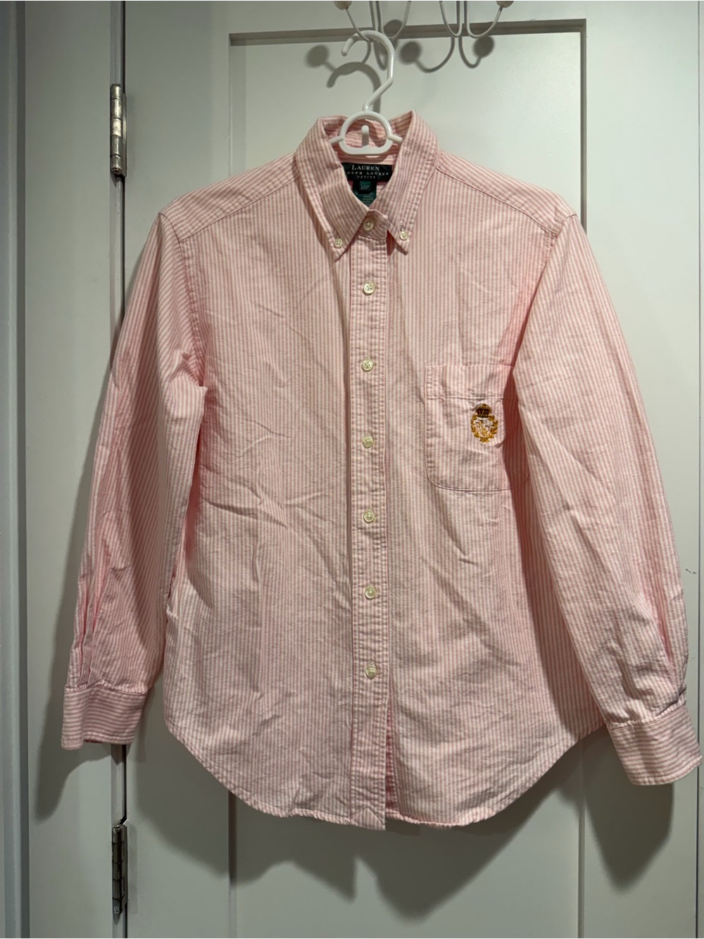 Lauren Ralph Lauren Pink & White Striped Button-Down Shirt with Crest